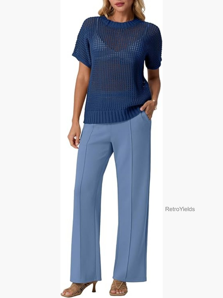2 Piece Crochet Knit Top & Wide Leg Pants Set